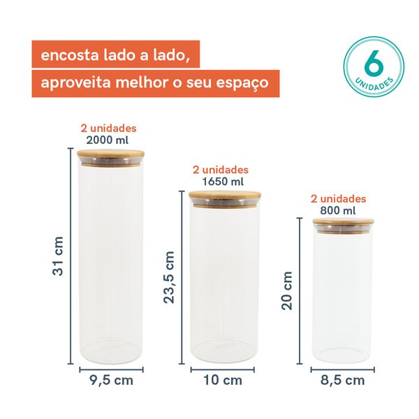 Potes de vidro p/ mantimentos c/ tampa bambu oikos - 6 pçs