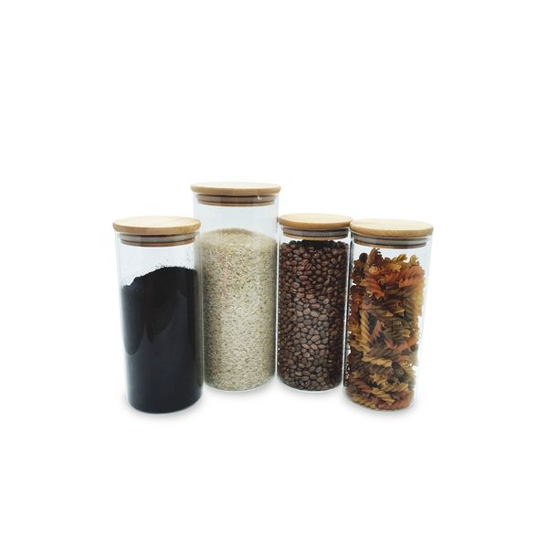 Potes de vidro p/ mantimentos c/ tampa bambu oikos - 4 pçs