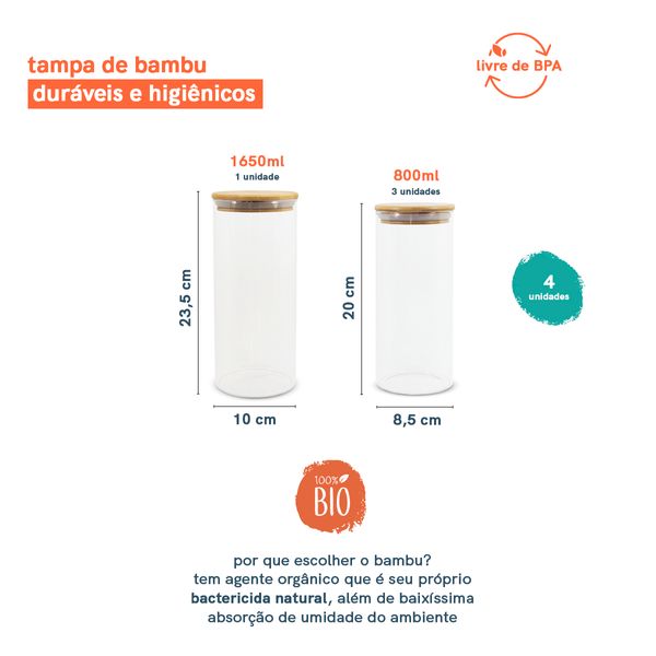 Potes de vidro p/ mantimentos c/ tampa bambu oikos - 4 pçs