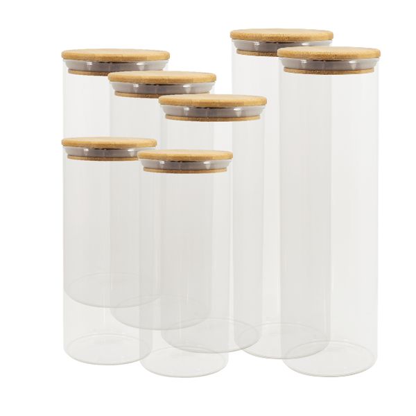 Potes de vidro p/ mantimentos c/ tampa bambu oikos - 7 pçs