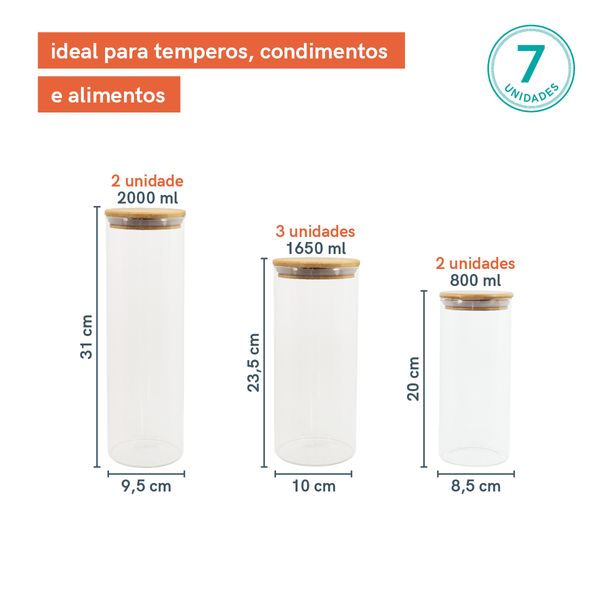 Potes de vidro p/ mantimentos c/ tampa bambu oikos - 7 pçs