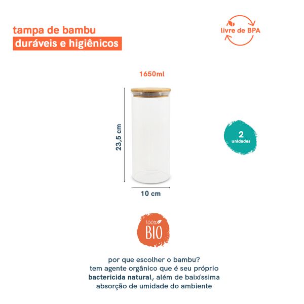 Kit 2 potes de vidro p/ mantimentos 1650ml c/ tampa bambu oikos
