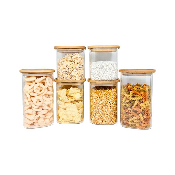 Potes de vidro p/ mantimentos c/ tampa bambu oikos - 6 pçs