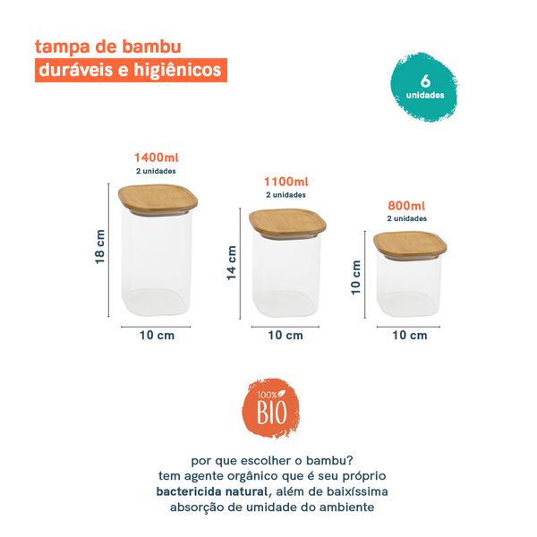 Potes de vidro p/ mantimentos c/ tampa bambu oikos - 6 pçs