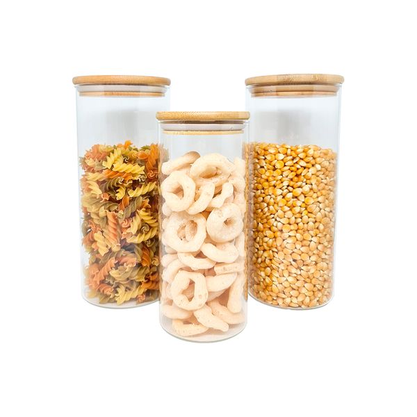 Potes de vidro p/ mantimentos c/ tampa bambu oikos - 3 pçs