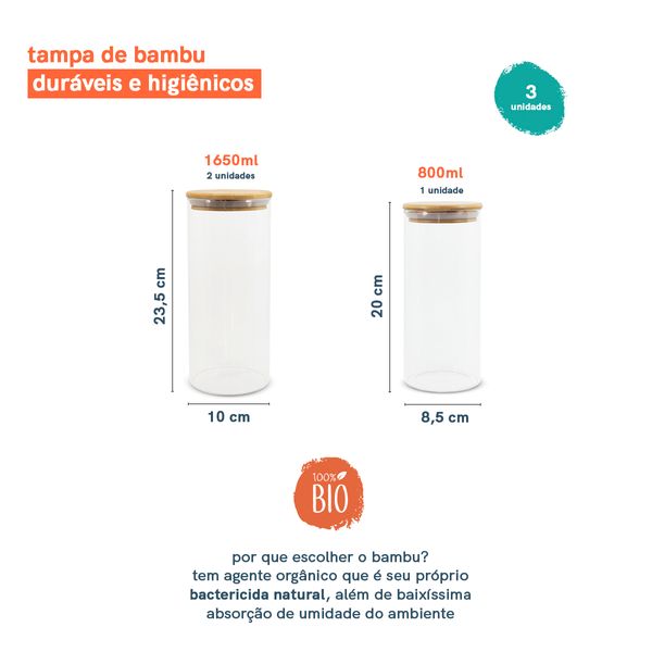 Potes de vidro p/ mantimentos c/ tampa bambu oikos - 3 pçs