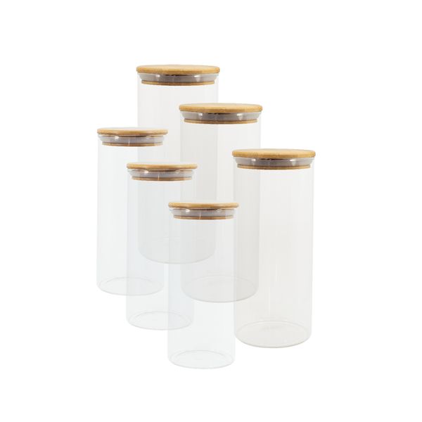 Potes de vidro p/ mantimentos c/ tampa bambu oikos - 6 pçs