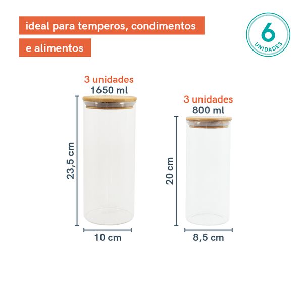 Potes de vidro p/ mantimentos c/ tampa bambu oikos - 6 pçs