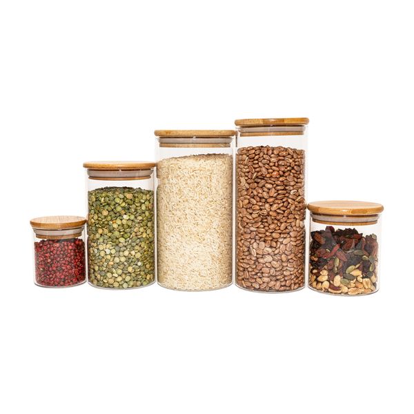 Potes de vidro p/ mantimentos c/ tampa bambu oikos - 5 pçs