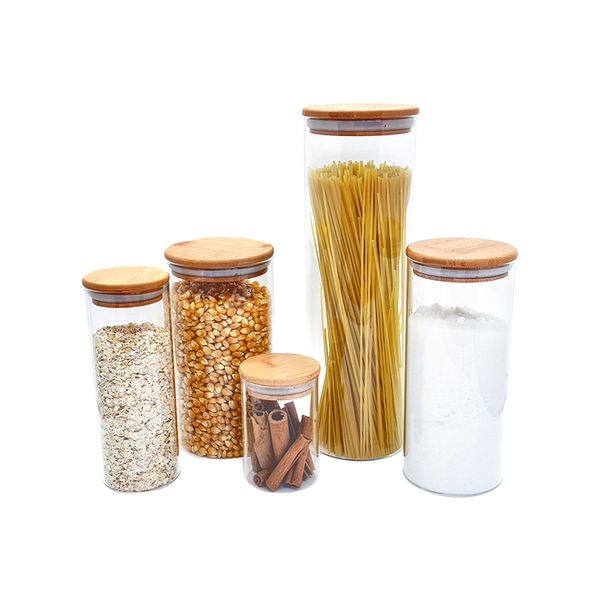 Potes de vidro p/ mantimentos c/ tampa bambu oikos - 5 pçs