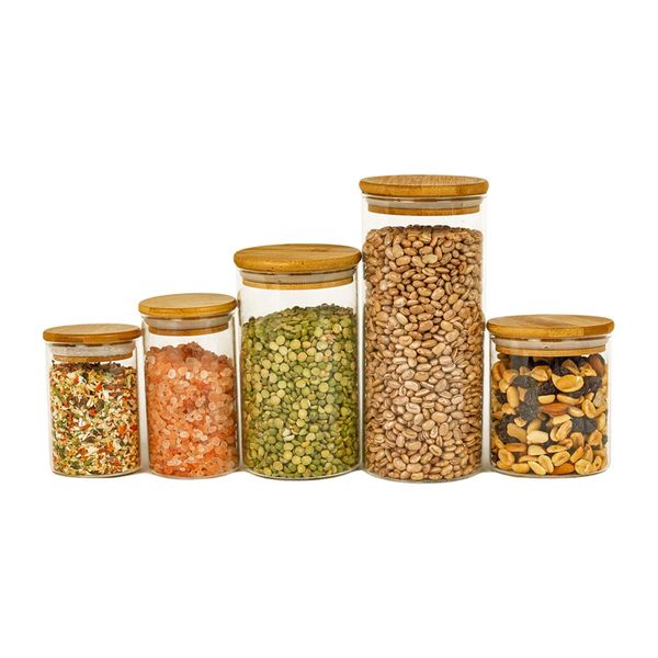 Potes de vidro p/ mantimentos c/ tampa bambu oikos - 5 pçs