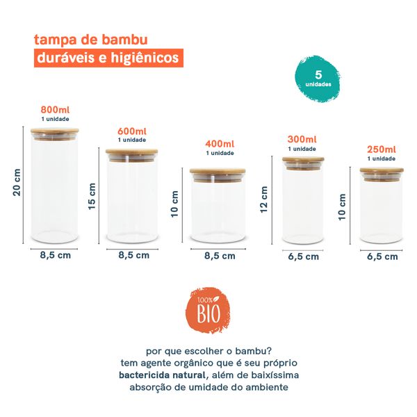 Potes de vidro p/ mantimentos c/ tampa bambu oikos - 5 pçs