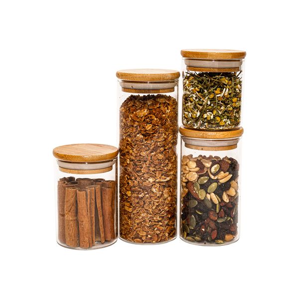 Potes de vidro p/ mantimentos c/ tampa bambu oikos - 4 pçs