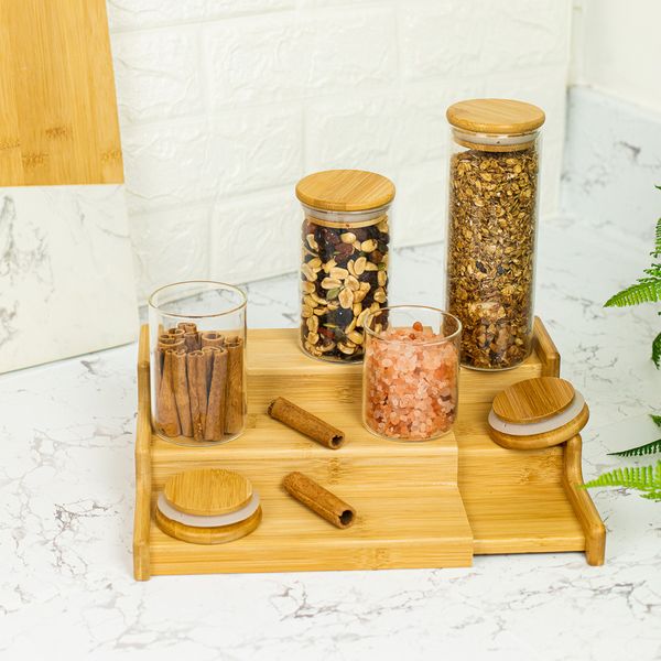 Potes de vidro p/ mantimentos c/ tampa bambu oikos - 4 pçs