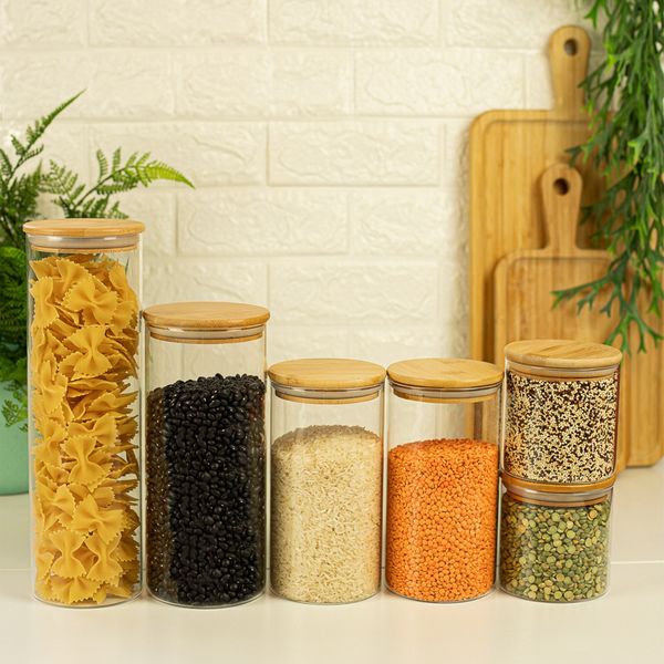 Potes de vidro p/ mantimentos c/ tampa bambu oikos - 6 pçs