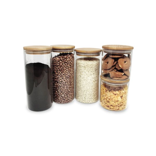 Potes de vidro p/ mantimentos c/ tampa bambu oikos - 5 pçs