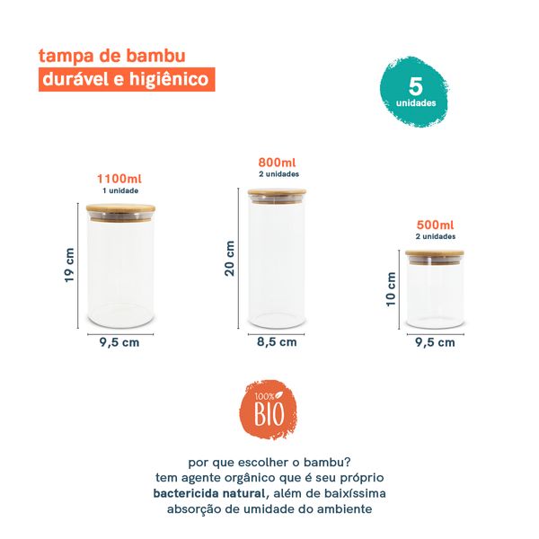 Potes de vidro p/ mantimentos c/ tampa bambu oikos - 5 pçs