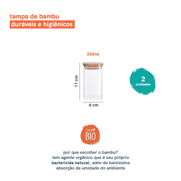 Potes de mantimentos quad 250ml c/ tampa bambu oikos - 2 pçs