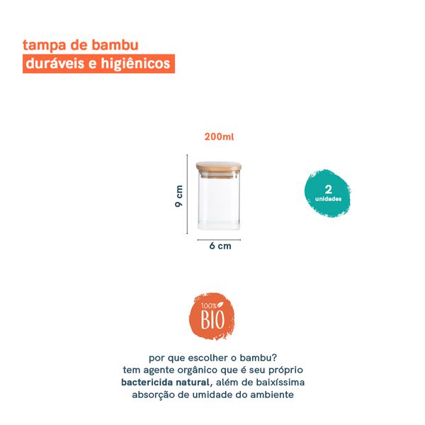 Potes de mantimentos quad 200ml c/ tampa bambu oikos - 2 pçs