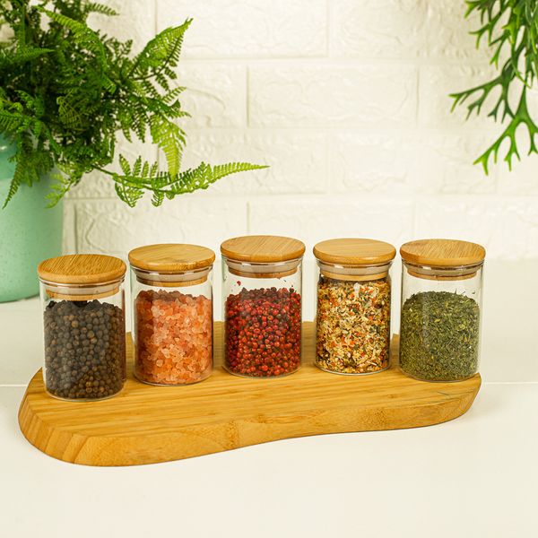 Jogo de 5 potes herméticos de vidro tampa de bambu - 250 ml oikos
