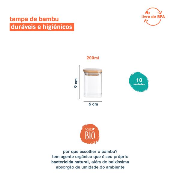 Potes de mantimentos quad 200ml c/tampa bambu - 10 pçs oikos