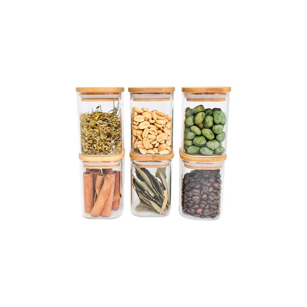 Potes de mantimentos quad 200ml c/ tampa bambu oikos - 6 pçs