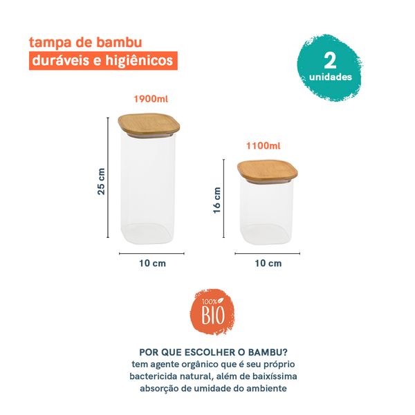 Potes de mantimentos quad 1900/1100ml c/tampa bambu - 2 pçs oikos