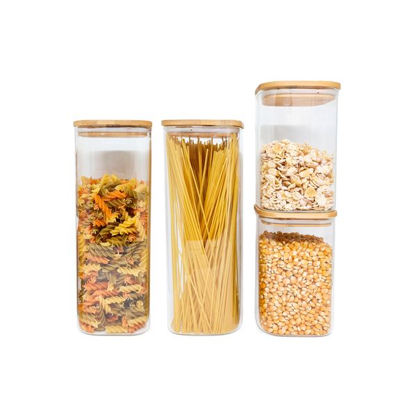 Potes de mantimentos quad 1900/1100ml c/tampa bambu - 4 pçs oikos