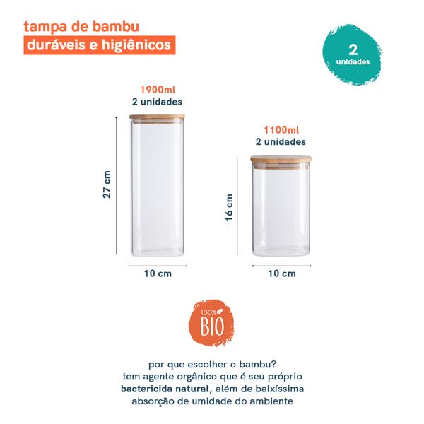 Potes de mantimentos quad 1900/1100ml c/tampa bambu - 4 pçs oikos