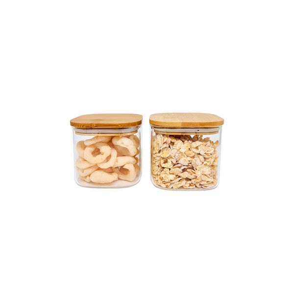 Potes de mantimentos quad 600ml c/ tampa bambu - 2 pçs oikos