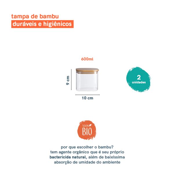 Potes de mantimentos quad 600ml c/ tampa bambu - 2 pçs oikos
