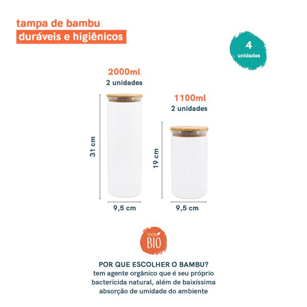 Kit potes de mantimentos 2000/1100ml c/ tampa bambu - 4pçs oikos