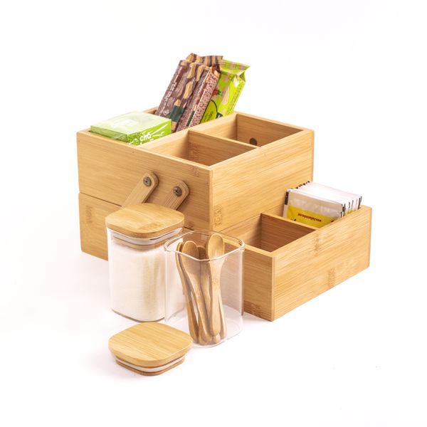 Kit chá 4 pçs caixa de bambu, potes 200ml e mini colheres oikos