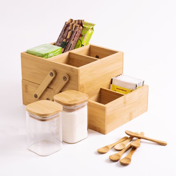 Kit chá 4 pçs caixa de bambu, potes 200ml e mini colheres oikos