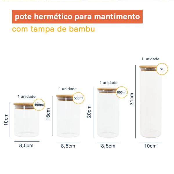 Kit potes de mantimento circular 400/600/800/2000ml - 4 pçs oikos