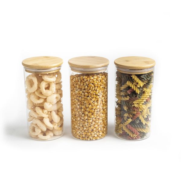 Kit potes de mantimento red c/tampa bambu 1100ml - 3 pçs oikos