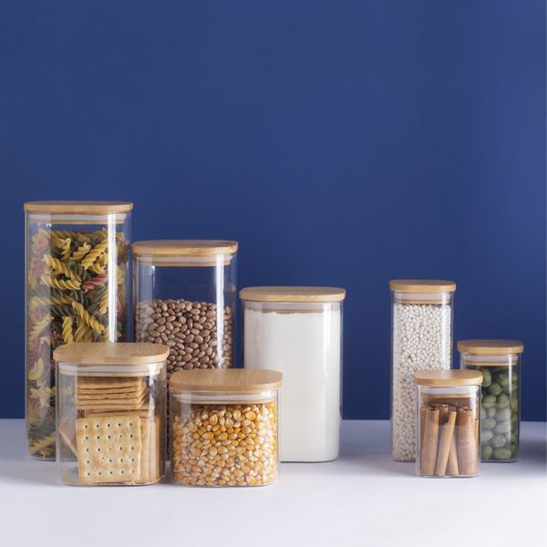 Kit potes hermeticos de vidro quad flat bambu 1100ml - 2 pçs oikos