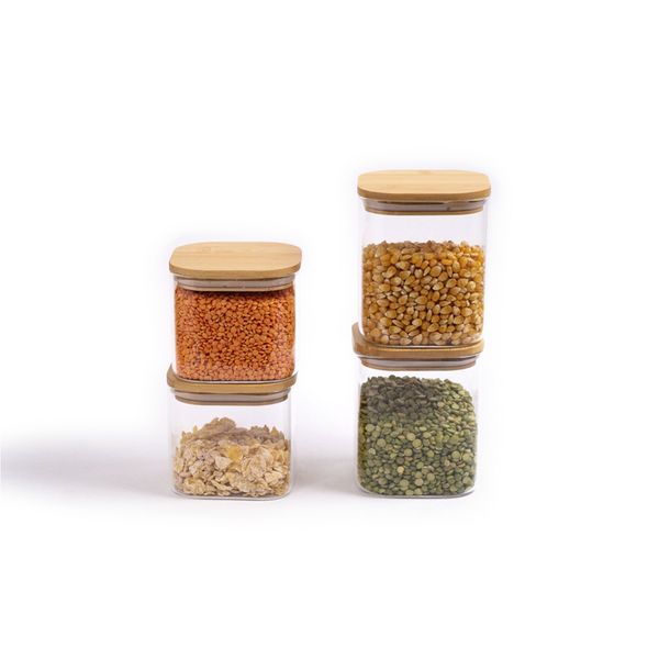 Kit potes hermeticos vidro quad flat bambu 800/600ml - 4 pçs oikos