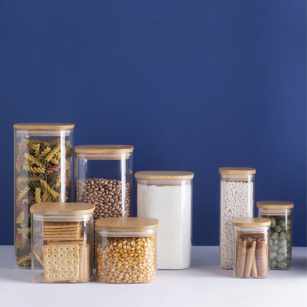 Kit potes hermeticos vidro quad flat bambu 800/600ml - 4 pçs oikos