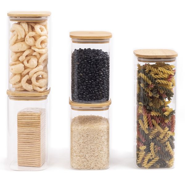 Kit potes hermeticos vidro quad flat 1900/1400/1100ml - 5 pçs oikos