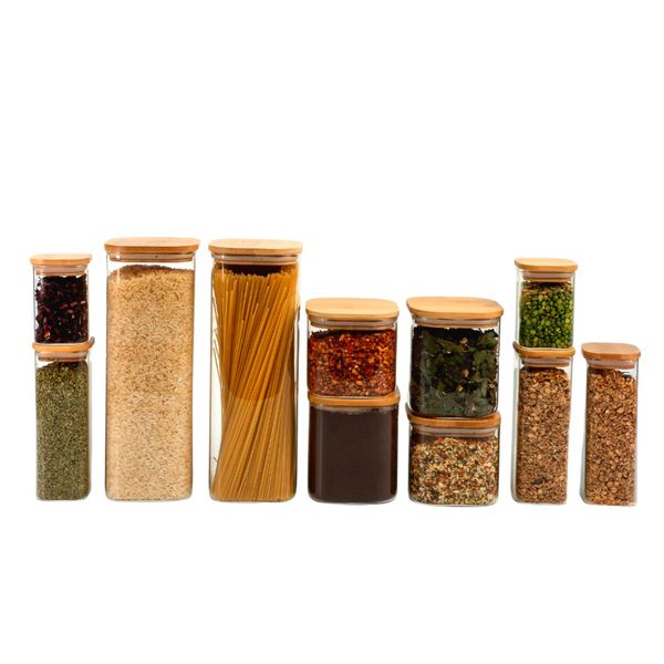 Kit de pote hermético de vidro quadrado com tampa de bambu 11 peças - oikos