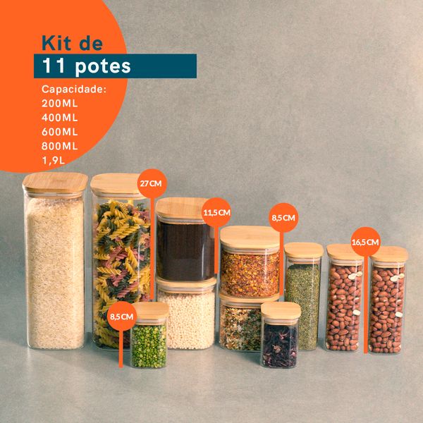 Kit de pote hermético de vidro quadrado com tampa de bambu 11 peças - oikos