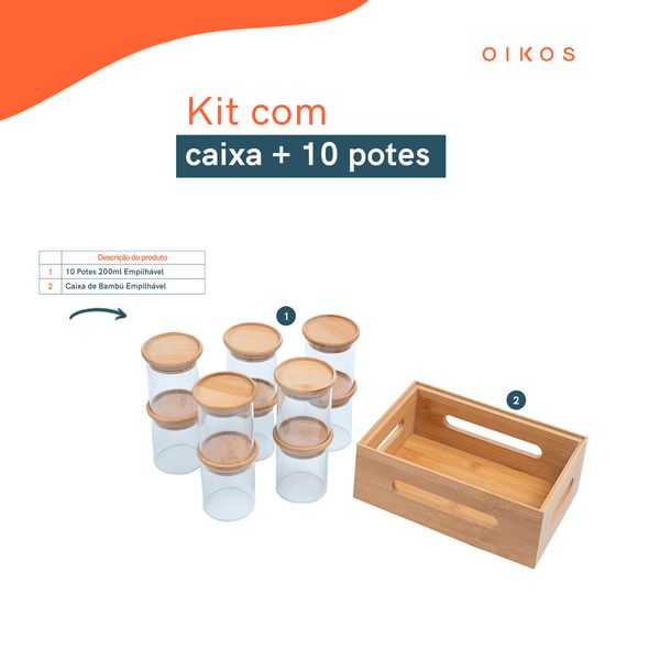 Kit caixa de bambu vazada e 10 potes de vidro 200ml – oikos