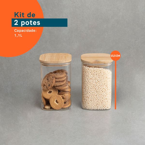 Kit pote hermético vidro quadrado tampa bambu 2 pçs oikos