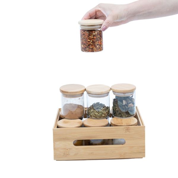Kit caixa de bambu vazada e 10 potes de vidro de 200ml oikos