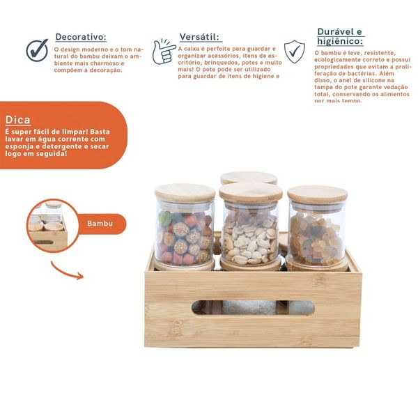 Kit caixa de bambu vazada e 10 potes de vidro de 200ml oikos