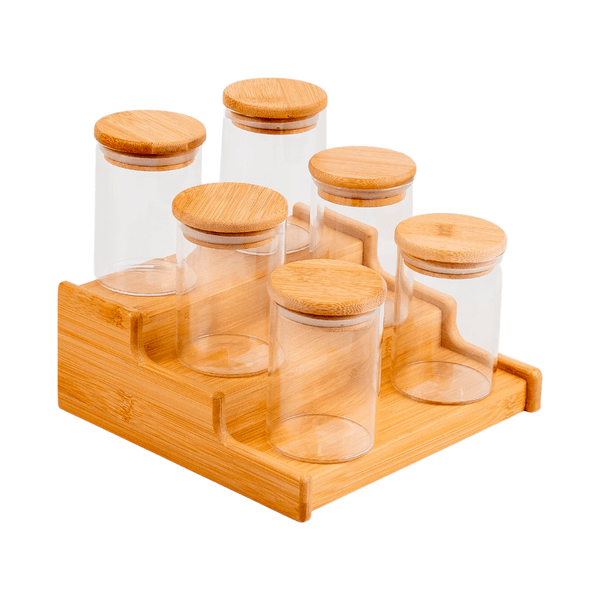 Kit 6 potes hermético 250ml com tampa de bambu e rack organizador de bambu - oikos