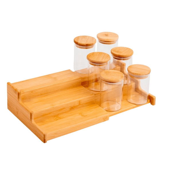 Kit 6 potes hermético 250ml com tampa de bambu e rack organizador de bambu - oikos
