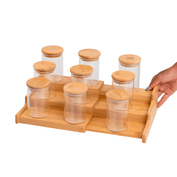 Kit 9 potes 250ml tampa bambu e rack organizador bambu oikos