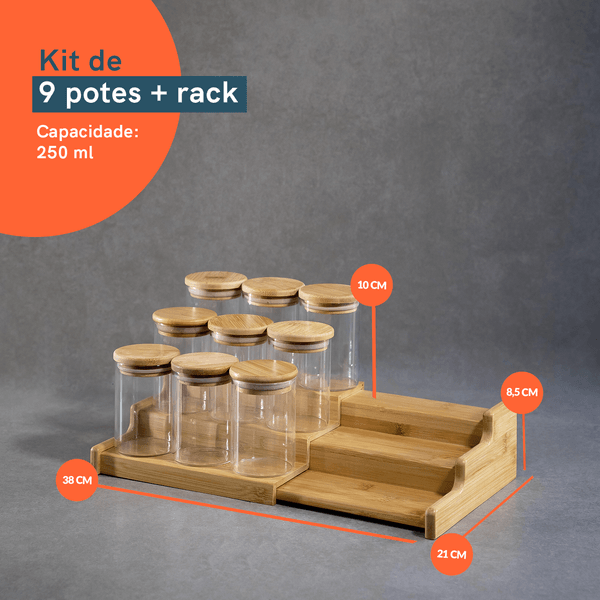 Kit 9 potes 250ml tampa bambu e rack organizador bambu oikos